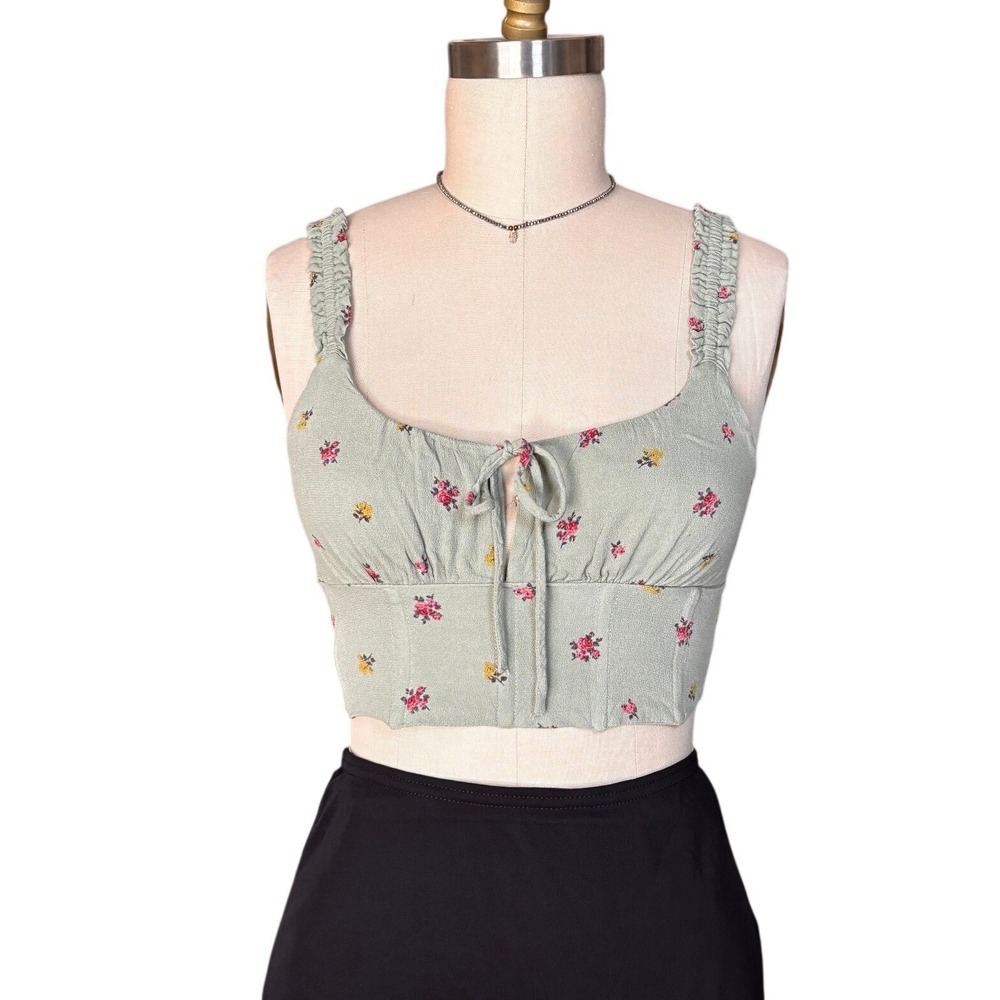 Cottagecore Floral Crop Altar'd State Top Bustier Smocked Tie Front M Sage Green